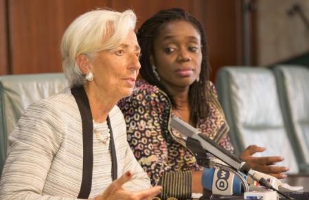 International Monetary Fund Managing Director Christine Lagarde (L) and Nigeria’s Finance Minister Kemi Adeosun (C) hold a media briefing following her meeting with President Muhammadu Buhari in Abuja, Nigeria January 5, 2016. REUTERS/IMF Staff Photo/Stephen Jaffe/Handout